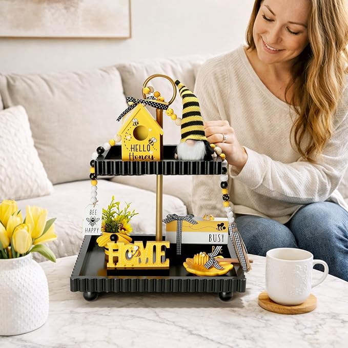 Spring Decorations 8 Pcs Bee Tiered Tray Decor Set, Summer Bumble Bee Décor for Kitchen Shelf Mantel Farmhouse Tabletop Spring Summer Decorations for Home Office Indoor Beehive Gnome Decorative Bundle