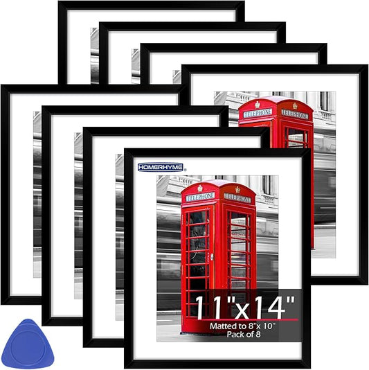 11x14 Picture Frame Set of 8, Black Photo Frames for Gallery Wall Mounting, Display Pictures 8x10 with Mat or 11x14 Without Mat, Poster Frames with Plexiglass for Home Office Decor