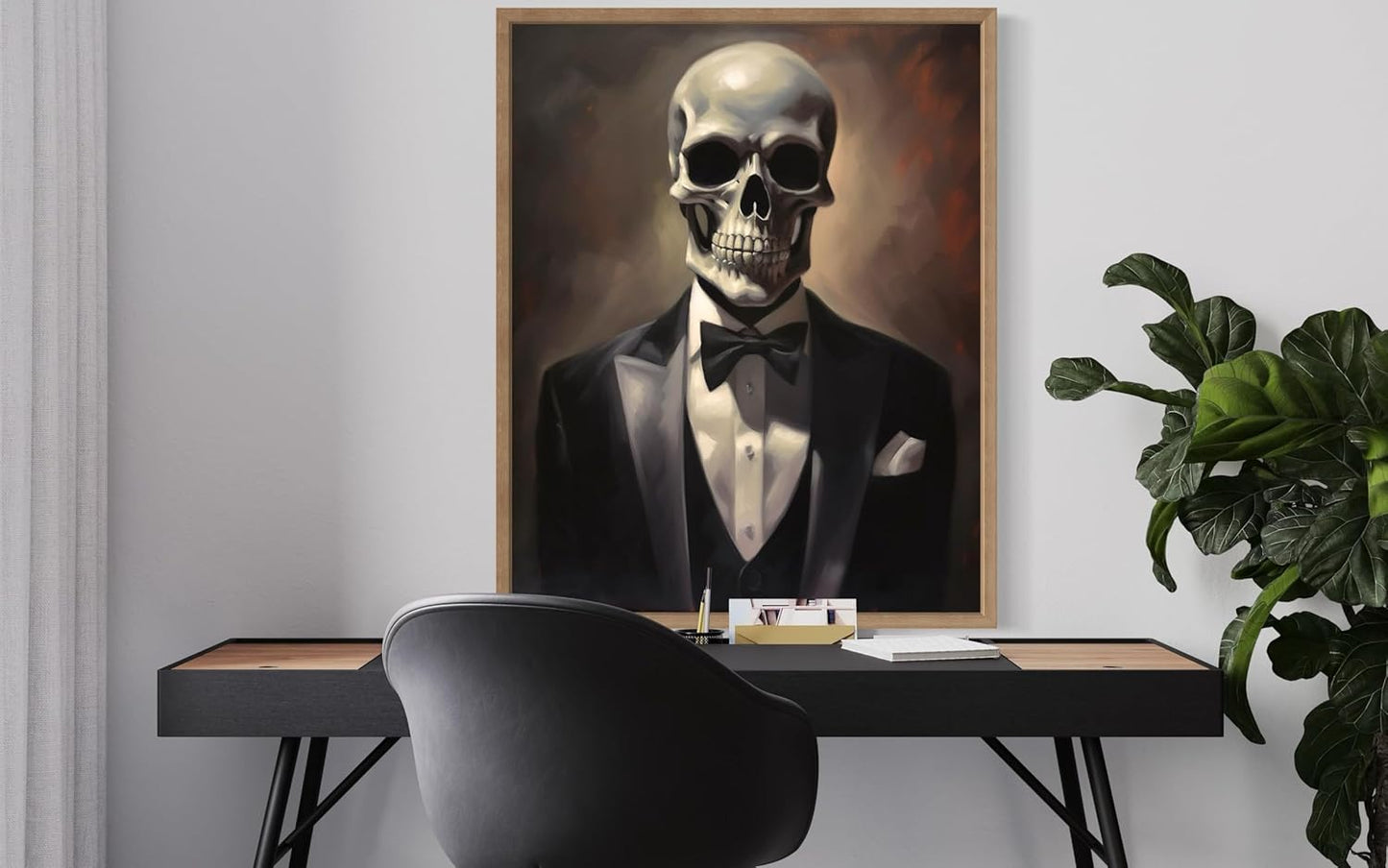 Skull Portrait Poster Art Print, Halloween Scary Vintage Wall Art Academia Spooky Painting Decoration for Horror Prints, Gothic Posters Bedroom Decor 89 (Skull Portrait, 8 x 10 inches, Wood Frame)