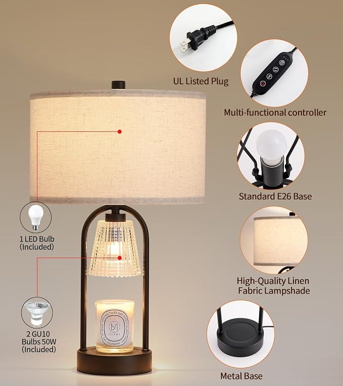 2-in-1 Table Lamp Candle Warmer Lamp with Timer & Dimmer,Modern Wax Melt Warmer for Jar Candles Bedroom Living Room Office Home Decor,Birthday Gifts for Mom Women D12.5*H21.2 Bulbs Included