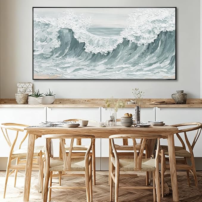 Large Framed Green Giant Waves Abstract Ocean Nature Wall Art Modern Neutral Wall Decor Canvas Print Textured White Painting Pictures for Living Room Bedroom Home 29"x58"