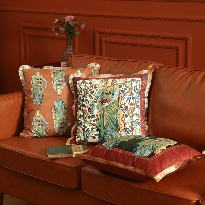 patdrea Designer French Velvet Throw Pillow Cover,Set of 4,-Oldlegend | Elegant Lumbar Pillow Case,Fringe Trim,Classic Art PatternDecor Cushion Coverfor Couch Living Room Bedroom Sofa