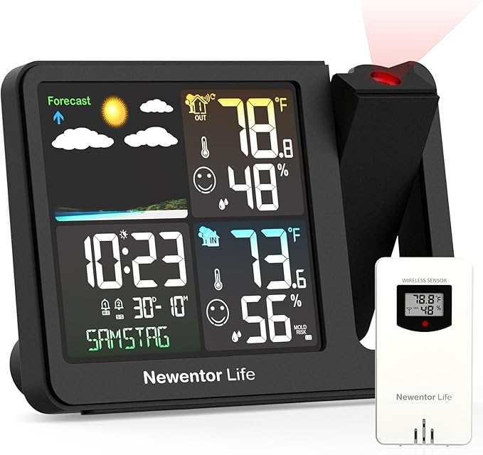 Newentor Projection Alarm Clock, Projection Clock for Bedroom Ceiling, Weather Station Thermometer with Projector Indoor Outdoor TEM&Hum, Forecast, Adjustable Backlight, Black with Red Projector