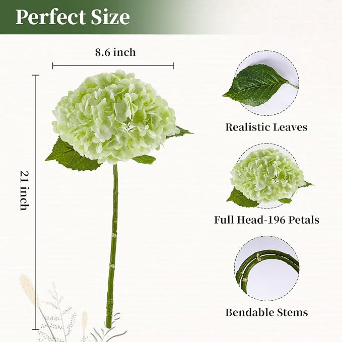 BonBloom's 3 Pcs Light Green Hydrangea Artificial Flowers 21" Latex Large Heads Faux Hydrangeas Flowers Realistic Leaves& Stem for Wedding Table Centerpieces Home Party Outdoor Arrangements Decor
