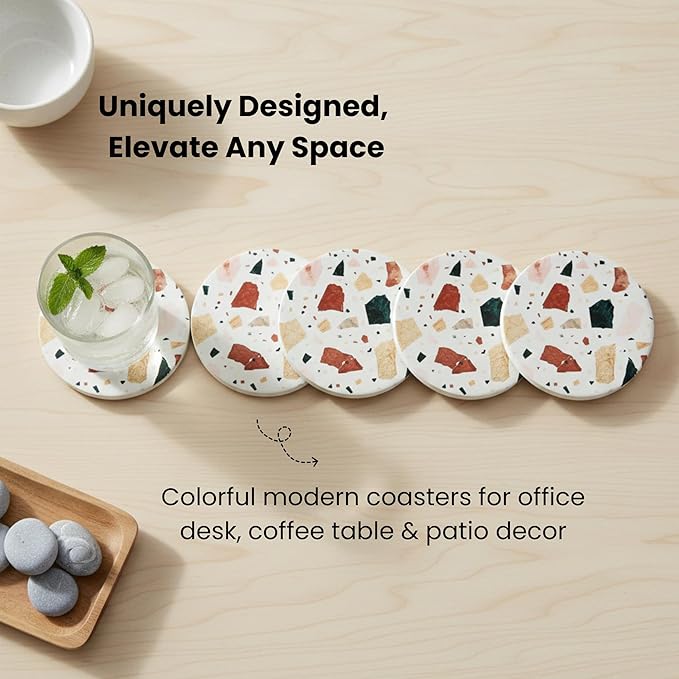 Absorbent Coaster Set of 6 with Holder, Drink Coasters for Coffee Table, Kitchen, Home Decor, Cute Ceramic Round Coasters, Alternative to Silicone, Cork or Glass Coaster (Terra)