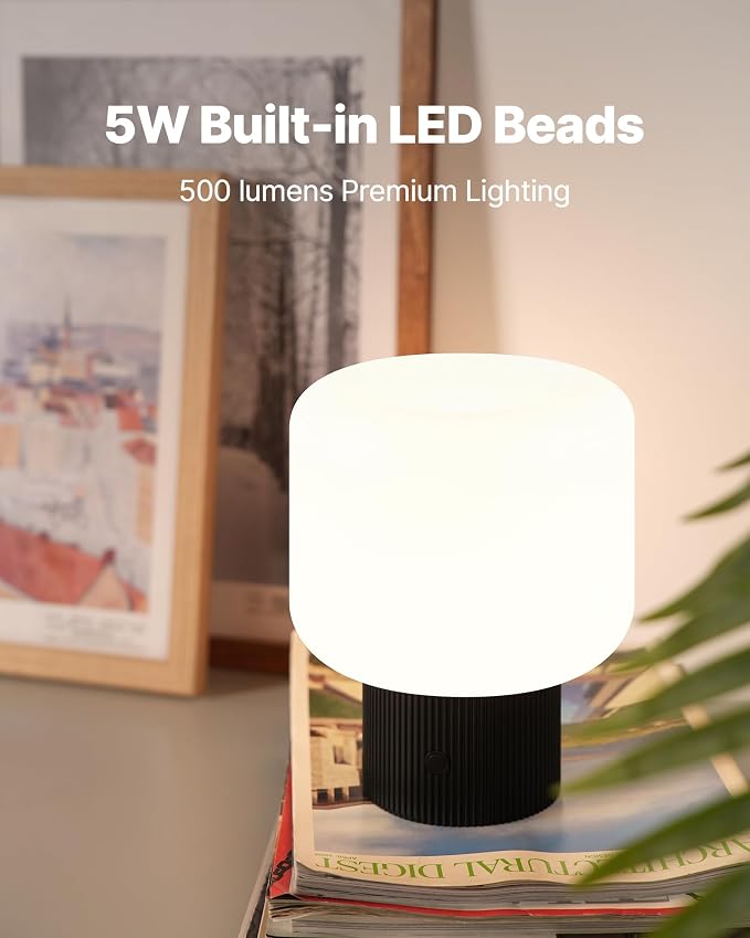 MAGCHARM Halo Mushroom Lamp, 5W Cute Cordless Rechargeable Table Lamp with Glass Shade, 3 Color Temps LED Dimmable Ambient Lighting, Small Retro Touch Bedside Light for Bedroom Decor, Black
