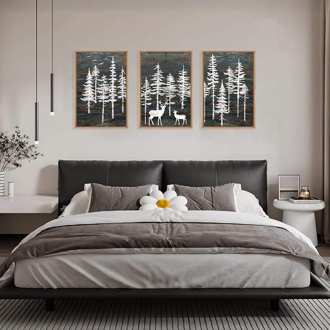 Modern White Forest Framed Canvas Wall Art Set, Minimalist Woodland Art Painting, Retro Tree Landscape Wall Decor, Wildland Deer Artwork for Living Room, Dining Room, Office-24 x36 x3