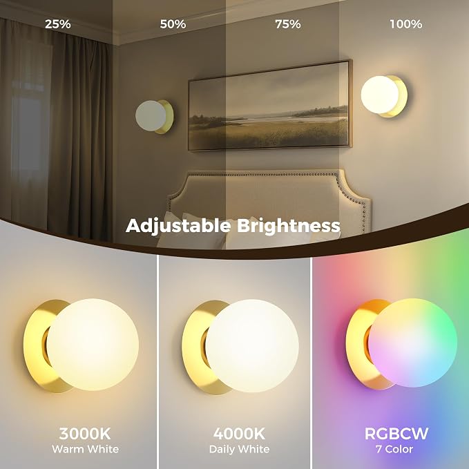 L LOHAS LED Battery Operated Wall Sconce Set of 2, 2-in-1 Rechargeable 10000mAh Wireless Globe Wall Lights with Remote, 16 RGB Colors Dimmable Modern Gold Sconces for Bedroom & Living Room Decor