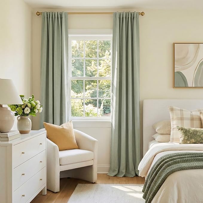 100% Blackout Shield Linen Blackout Curtains for Bedroom 84 Inches Long, Back Tab/Rod Pocket Living Room Drapes, Thermal Insulated Blackout Curtains 2 Panels Set, 50" W x 84" L,Sage Green