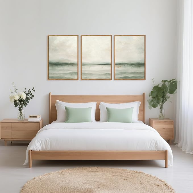 TOARTi Large Framed Misty Green Mountain Lake Canvas Wall Art,Watercolor Abstract Natural Landscape Wall Decor,Neutral Modern Scenery Art Prints for Farmhouse Home Living Room Bedroom Office-24”x35”x3