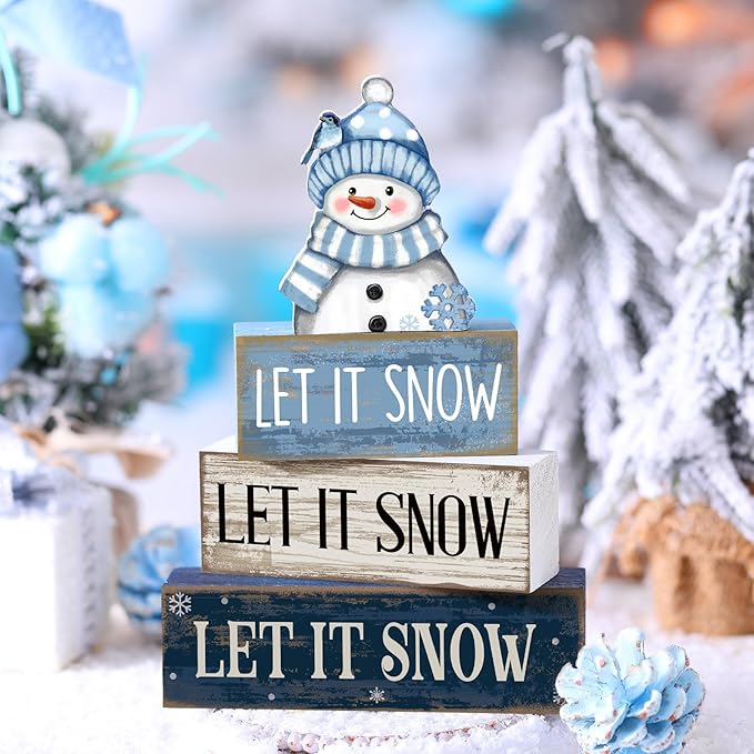 Lineshading 4 Pcs Winter Table Decoration Blue and White Snowman Decor Winter Tiered Tray Decor Christmas Centerpiece Decorative Wooden Snowman Block Sign Gift Christmas Decoration for Home Kitchen