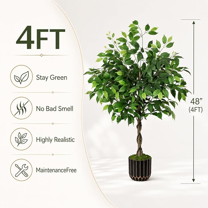 4ft Artificial Ficus Tree with Weighted Base – Faux Silk Floor Plant for Home, Office & Corner Decor