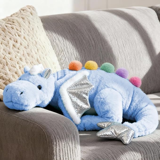 ARELUX Large 36in Cute Dragon Stuffed Animals Plush Toy Soft Sky Blue Pterosaur Plushie Giant Fuzzy Dinosaur Pillow Plushies with White Wings Cuddly for Friends Family Member