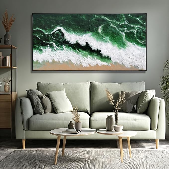 Large Framed Canvas Print Wall Art Abstract Green Wave Nature White Textured Modern Minimalist Art Canvas Wall Decor Living Room 24"x48"