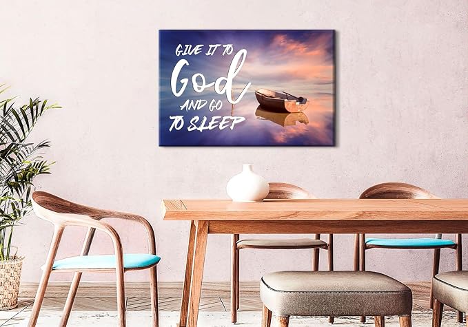 Christian Wall Art for Bedroom Give It to God and Go to Sleep Sign Canvas Prints Office Decor Boat Beach Picture Religious Poster Bible Verse Painting for Living Room Kitchen Home Decorations 32x48''