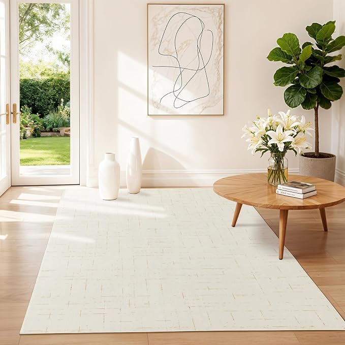 LIANLAM Washable Rug Area Rugs for Living Room - Stain Resistant Non-Slip Backing Boho Rug for Bedroom,Durable & Ultra-Thin Vintage Large Area Rug(3' x 5',White)