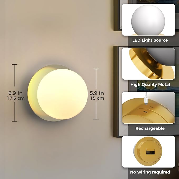 L LOHAS LED Battery Operated Wall Sconce Set of 2, 2-in-1 Rechargeable 10000mAh Wireless Globe Wall Lights with Remote, 16 RGB Colors Dimmable Modern Gold Sconces for Bedroom & Living Room Decor