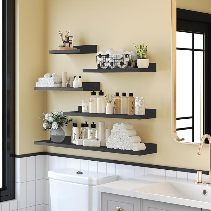 Floating Shelves for Wall Set of 5,Black Floating Shelves bathroom,30 Inch Natural Wood Book Shelf for Wall Mounted,Home Decor Display Shelving,Storage Shelves for Living Room,Bedroom,Kitchen