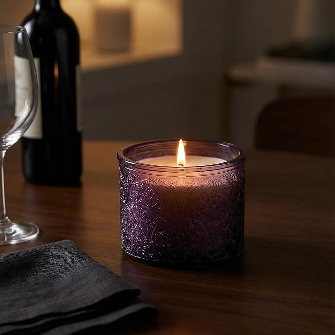 10 oz Purple Mandala Glass Candle Jars with Bamboo Lids, 9 Pack | Patented Embossed Design, Includes Wick Centering Devices & Warning Labels, Multiple Color Options