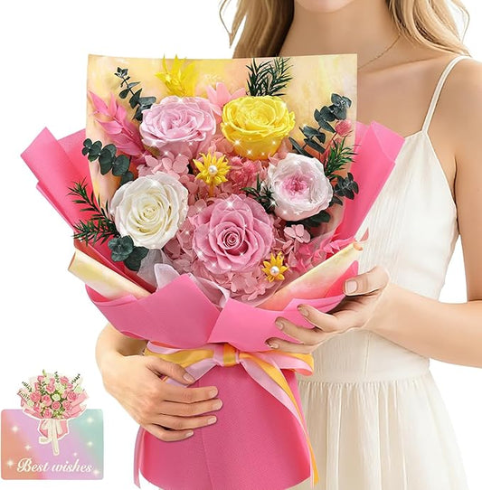 5 Pcs Glitter Pink Preserved Roses Flowers Bouquet, Forever Rose Flowers for Delivery, Birthday Gifts for Women, Long-Lasting Red Roses with Vase Gift Box, Forever Flowers for Wife Mothers Day