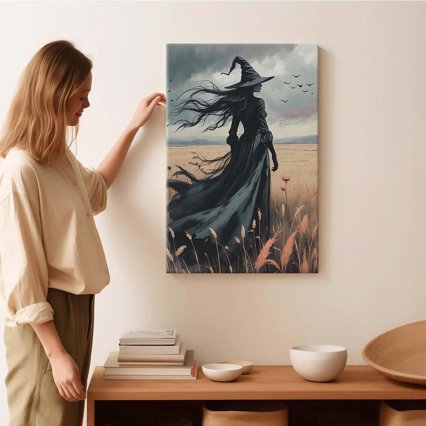 JFHCQJPK Gothic Decor Canvas Wall Art Witch in Rice Field Halloween Art Decor Print Nature Print Victorian Home Bedroom24x36in Frameless