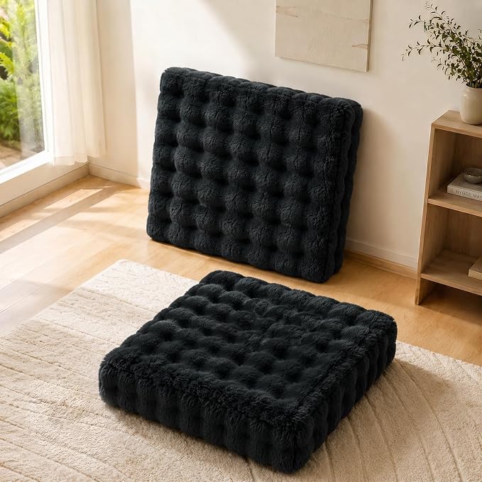 JKMAX 2 Pcs High Density Foam Floor Pillow - Upgraded Large Pillows Seating for Adults - Outdoor Floor Cushion with Soft Tufted Cover - Yoga Pillows for Sitting On Floor - 22 Inch Black