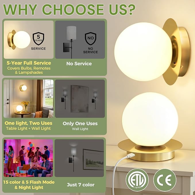 L LOHAS LED Battery Operated Wall Sconce Set of 2, 2-in-1 Rechargeable 10000mAh Wireless Globe Wall Lights with Remote, 16 RGB Colors Dimmable Modern Gold Sconces for Bedroom & Living Room Decor