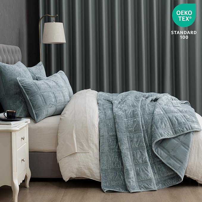PHF Ultra Soft Velvet Quilt Set Twin Size – 2PCS Luxurious Cozy Quilted Comforter Alternative with Diamond Pattern, Warm Quilted Bedspread Coverlet, 68" x 92", Dusty Blue