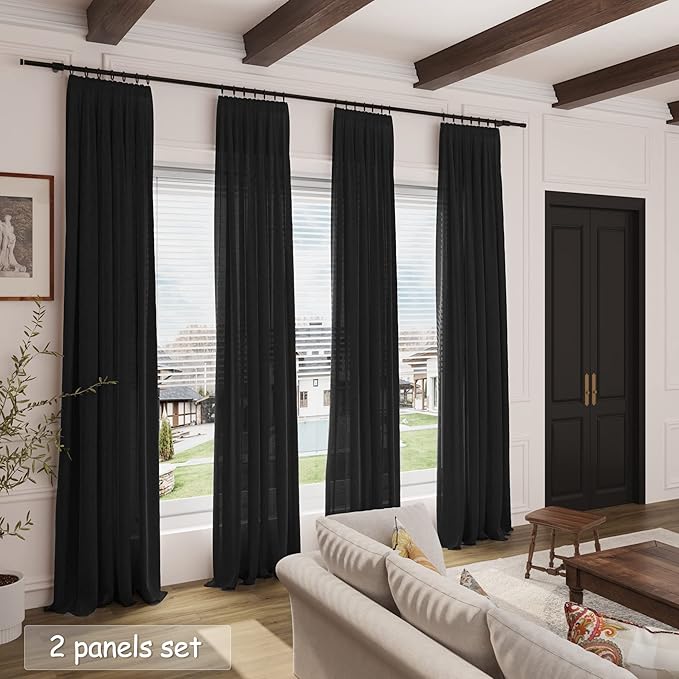 Nanspring Black Semi Sheer Linen Curtains 84 inch Length for Living Room Back Tab Rod Pocket Modern Farmhouse Coastal Decor Black Cotton Textured Gauze Curtains for Dining Room Office 38x84