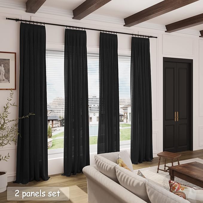 Nanspring Extra Long Black Curtain 102 inches Long 2 Panels Set for Living Room Back Tab Modern Farmhouse Muslin Look Decor Cotton Textured Sheer Linen Curtains 102 inch Length for Large Window