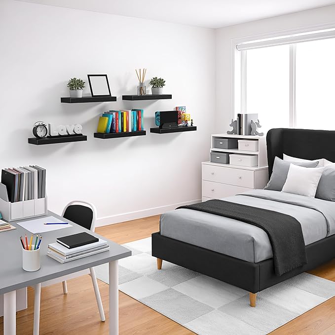 Sorbus Floating Shelves for Wall – 16 Inch Floating Shelf for Kitchen, Bedroom, Living Room, Bathroom, Home & Wall Decor - Mounted Bathroom Shelves with Invisible Brackets (Black, 5 Pack)