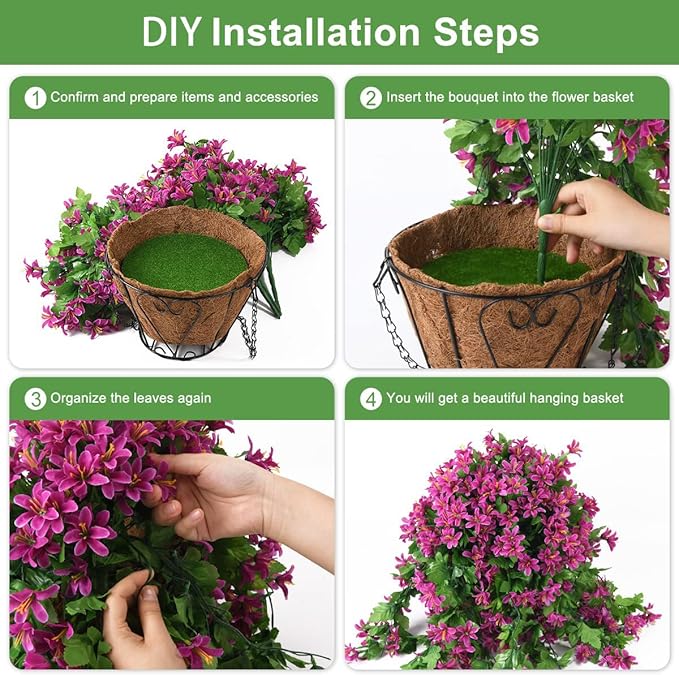 INQCMY Artificial Hanging Flowers in Basket for Spring Summer Outdoor Porch Decoration,UV Resistant Fake Silk Violet in Planter Realistic for Outside Home Patio Balcony Garden Yard Decor