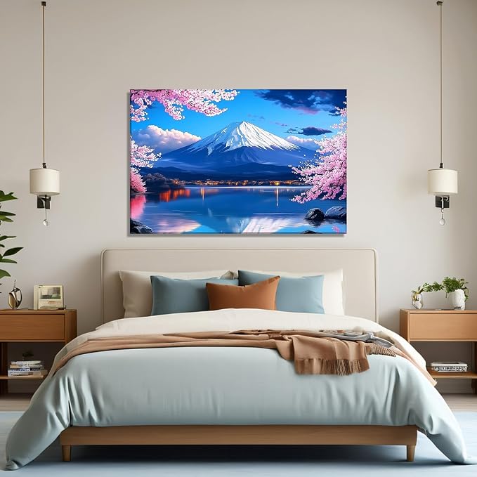 Japanese Wall Art Asian Landscape Canvas Prints Mount Fuji Picture Pink Cherry Blossom Trees Painting Nature Posters for Bathroom Living Room Wall Decor Framed - 20.00x30.00 inch