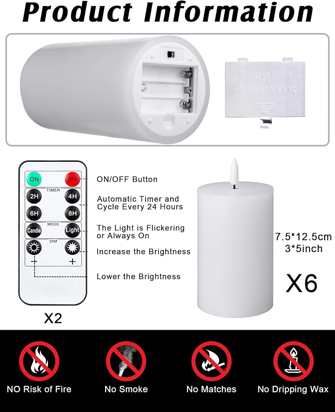 VIHOSE 6 Pack White Flameless Candles Set with Remote and Timer Flickering Flameless Battery Candles Flat Top LED Pillar for Wedding Outdoor Home Festival Decoration(D 3" H 5")