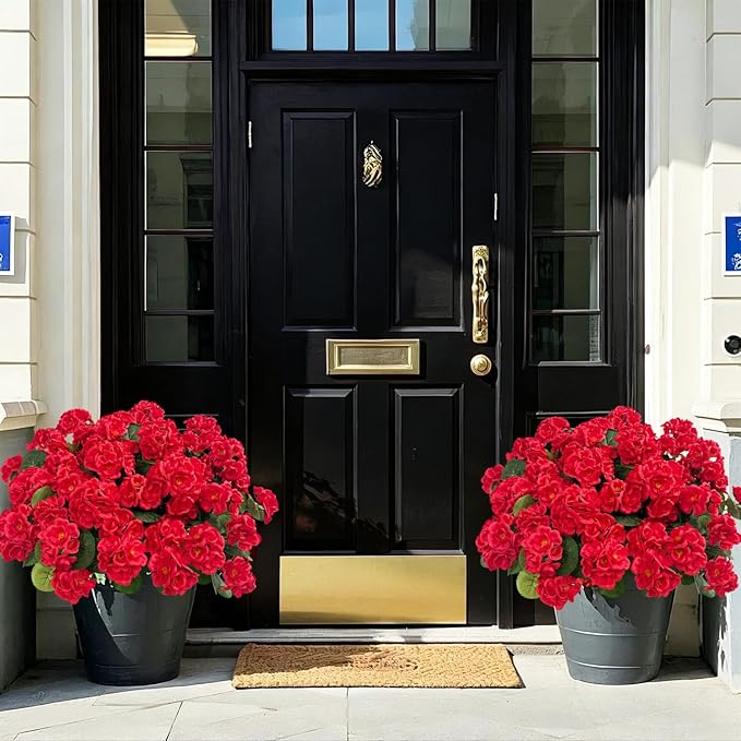 Ouddy Decor Artificial Geranium Flowers for Outdoors, Fake Silk Flowers UV Resistant Faux Geraniums for Vase Planter Garden Patio Balcony Porch Indoor Outdoor Spring Summer Home Decor, 12 Pcs Red