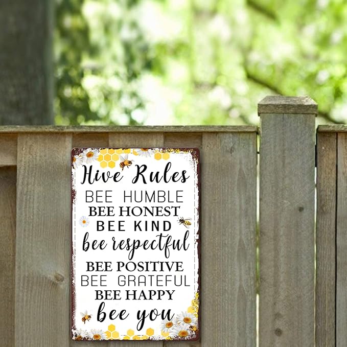 Bee Hive Rules Sign, 12 x 8 Inch, Metal, Decorative Sign, Beekeeping, Wall Mount, Yellow, Brown