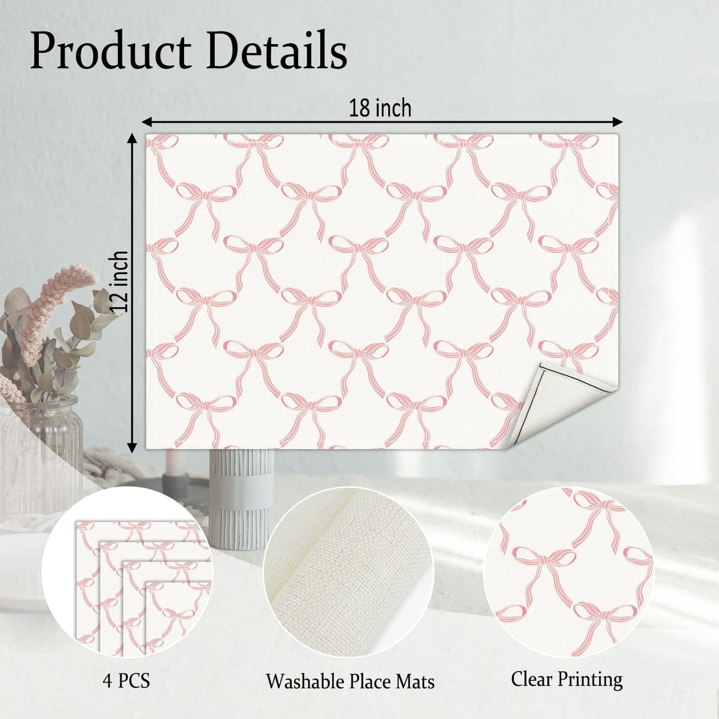 Placemats Set of 4, Pink Bow Table Mat for Home Kitchen, Restaurants, Outdoor Linen Washable Place Mats 12x18 inch Party Event Dining Decoration-06