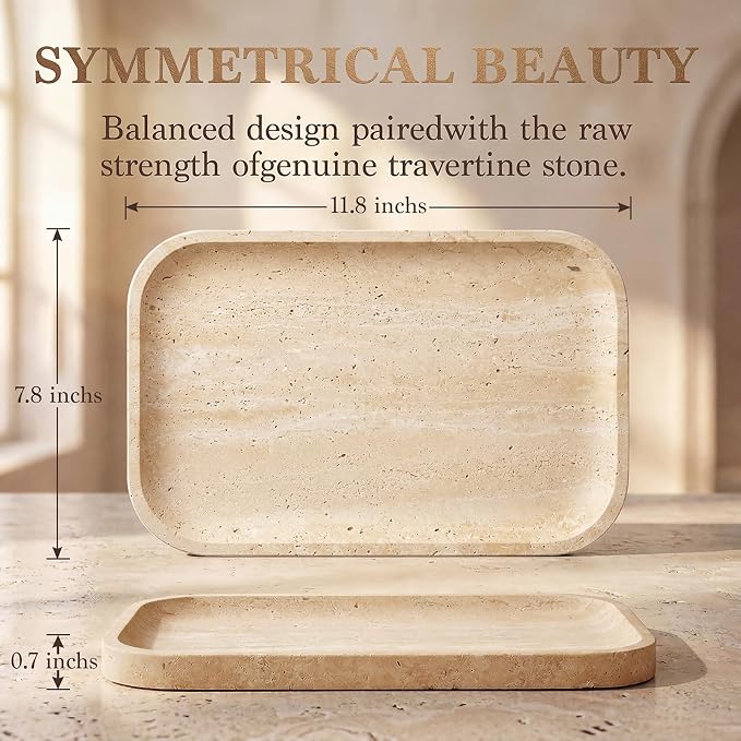 Natural Italian Travertine Tray Rectangular Decorative Marble Vanity Tray for Bathroom Countertop Hand-Polished Organizer for Kitchen Soap Jewelry Coffee Table Beige (11.8X7.8 Inch)