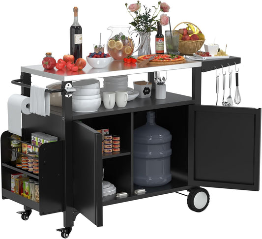 Outdoor Grill Cart with Wheels, Outdoor Kitchen Bar Cart Mobile BBQ with Foldable Stainless Steel Top & Storage Cabinet