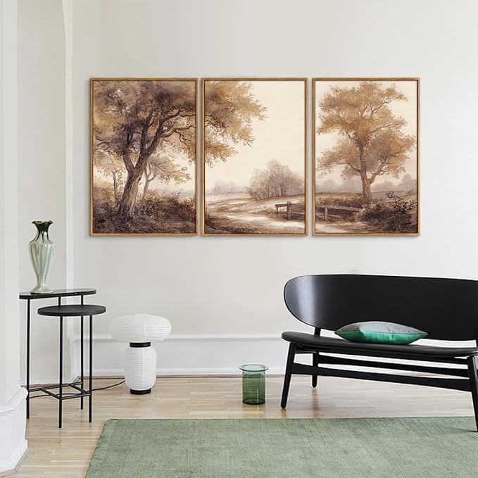 Rantodecor Vintage Landscape Framed Canvas Wall Art Triptych, Rustic Tree Sketch Wall Decor, Large Claming Nature Forest Art Paintings, Modern Relax Farmhouse Artwork for Bedroom Living Room 24"x36"x3