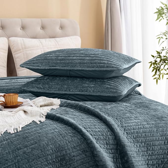 PHF Luxury Velvet Quilt Set Twin Size – 2PCS Ultra Soft Quilted Comforter Alternative with Striped Channel, Cozy Quilted Bedspread, 1 Coverlet with 1 Matching Sham, 68" x 92", Stormy Blue
