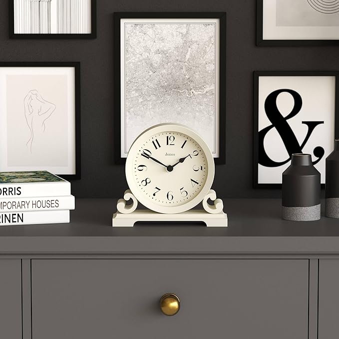 JONES CLOCKS® Saloon Mantel Clock | Small Traditional Double Scroll Design | Pale Cream | Contemporary Classic Style for Desk, Table, Shelf or Bedside