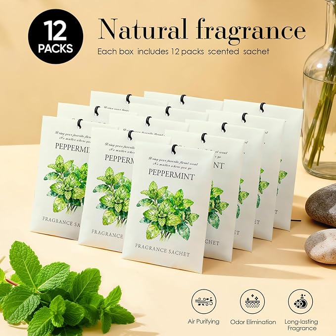 Mint Scented Sachet Bags - 12 Pack Drawer & Closet Freshener, Long Lasting Odor Eliminator for Wardrobes, Cars & Storage, Home Fragrance Air Freshener Sachets