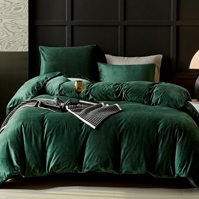 WARMDERN Emerald Green Flannel Velvet Duvet Cover Queen Size Duvet Cover Bedding Sets, 3pcs Ultra Soft Luxury Textured Modern Crystal Velvet Duvet Covers with Zipper Closure(Emerald Green, Full)