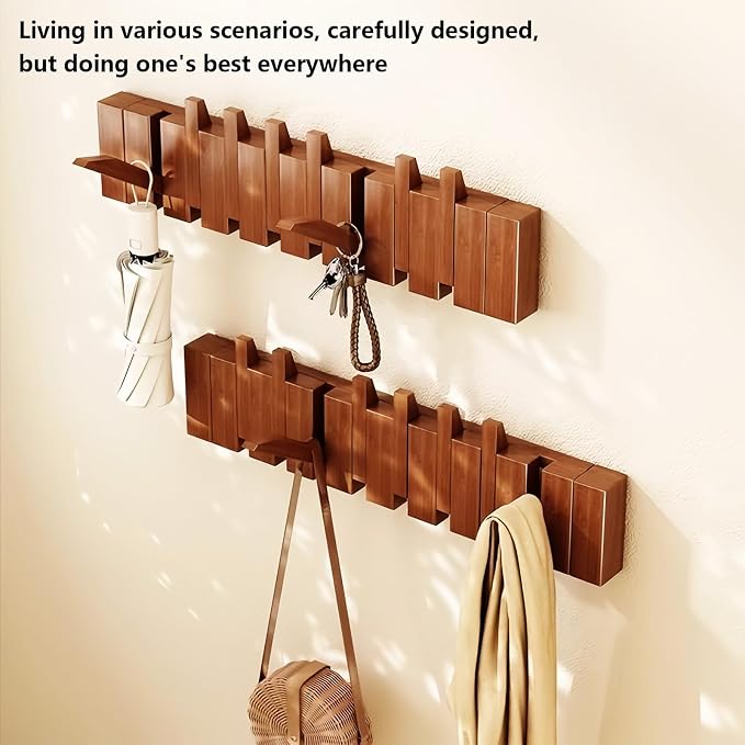 Wall Mounted Coat RackHooks Piano Key Hangers Natural Solid Wood Hanger Non-Woven Fabric Clothes Hangers for Closet, Kitchen, Bedroom, Bathroom, Entryway (Led Walnut, 6 Hooks)