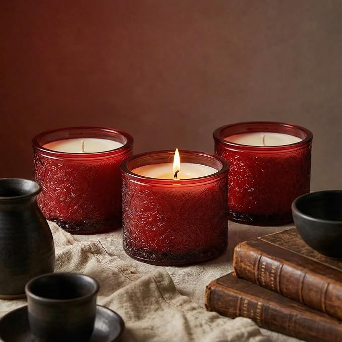 10 oz Multi-color Mandala Glass Candle Jars with Bamboo Lids, 9 Pack | Patented Embossed Design, Includes Wick Centering Devices & Warning Labels, Multiple Color Options