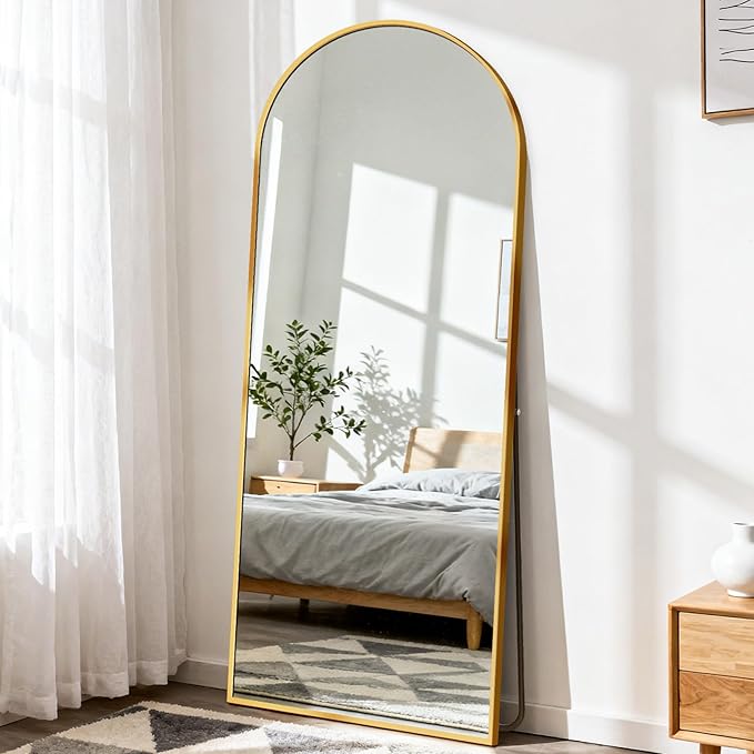 DUMOS 64"x21" Arched Full Length Mirror with Stand Floor Free Standing Aluminum Frame for Bedroom Body Hanging Leaning Modern Simple Home Decor Shatter-proorf Nano Glass Wall, Gold-Rounded