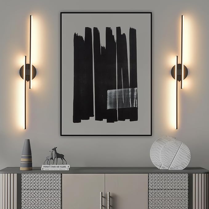 Rechargeable Battery Operated Wall Sconce Set of Two, Black Wireless LED Wall Sconces with Remote Control, Dimmable 3 Colors Cordless Wall Lights for Living Room, Bedroom, Hallway, 31.4 Inch(2pcs)