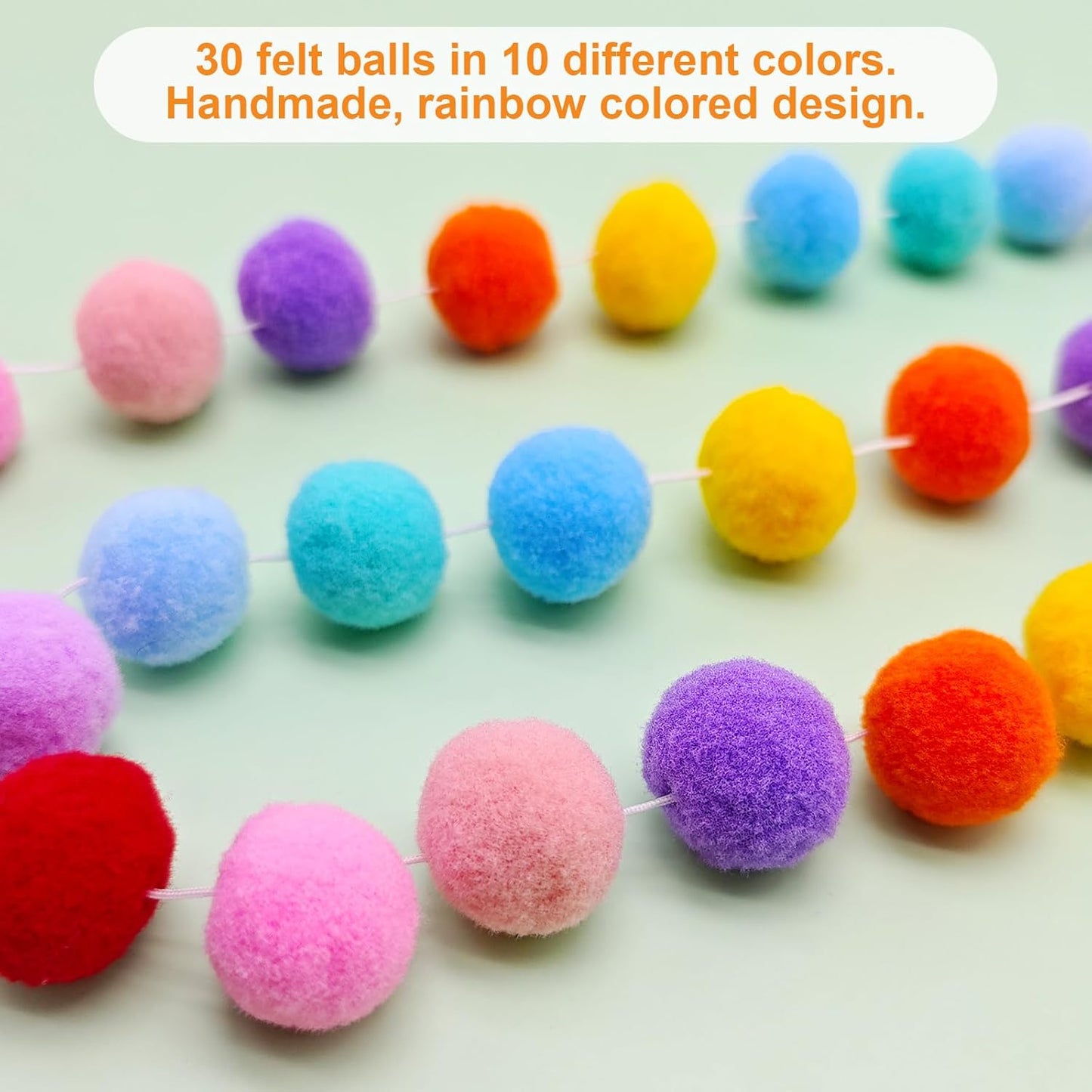 4 Pack Colorful Pom Pom Garland, 26.5 Feet Long Felt Ball Rainbow Banner, 30 Balls 10Color Felt Ball Garland for Christmas Tree Decoration Party Hanging Decor