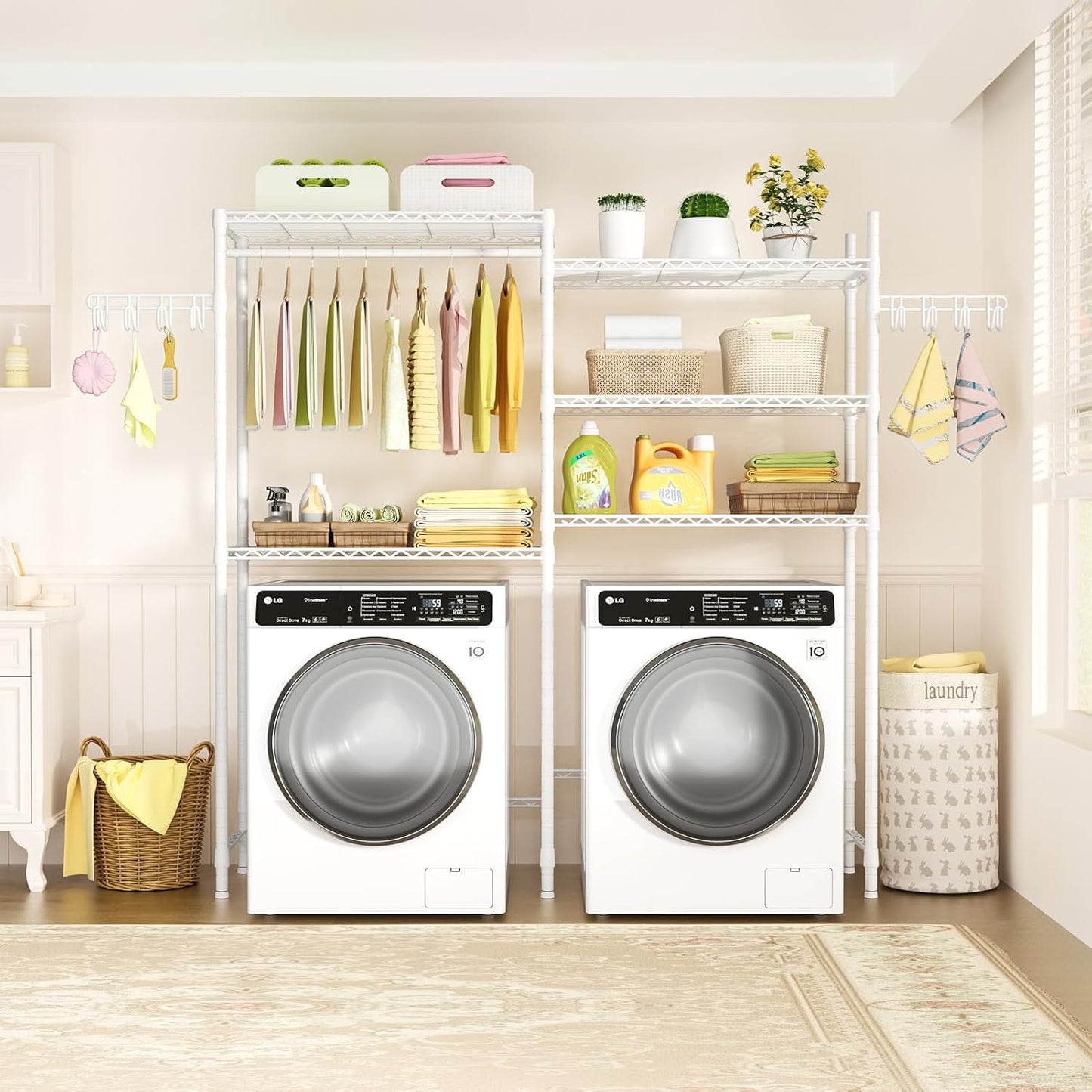 Ulif U6 Clothes Drying Rack, 5-Tier Over Washer and Dryer Laundry Room Storage and Organizer, Heavy-Duty Space Saver, 65.3" W x 13.4" D x 77.5" H, White